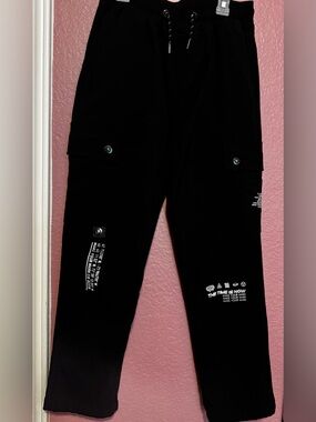 Men's Black Cargo Pants with Graphic Accents
